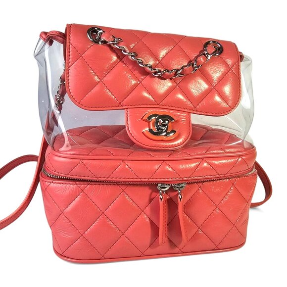 CHANEL Quilted Crumpled Leather Clear Backpack Handbag Pink Chain Zip Around CC - Picture 7 of 16